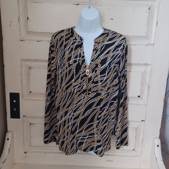 MICHAEL KORS Black Gold White Zipper Chain Link Print 3/4 Ruched Sleeve Top, M - Picture 7 of 8